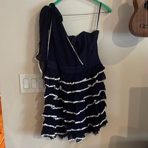 French connection mini dress blue with white ruffles